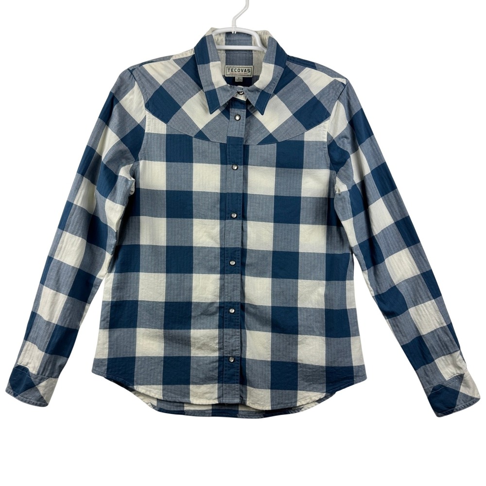 Tecovas Mens Blue White Buffalo Check Herringbone Western Pearl Snap Shirt S
